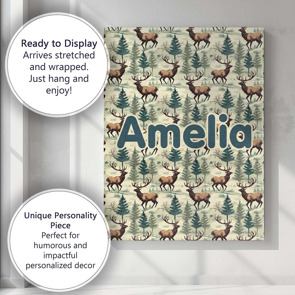 Personalised Name Woodland Deer with Pine Custom  Unique Gift Idea Elegant Feature Canvas Wall Art Print Decor Picture Ready to Hang