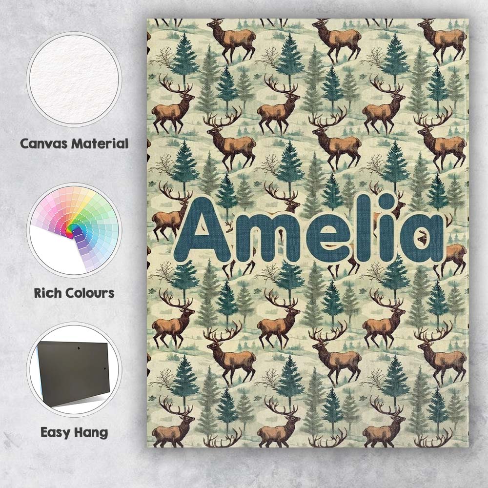 Personalised Name Woodland Deer with Pine Custom  Unique Gift Idea Elegant Feature Canvas Wall Art Print Decor Picture Ready to Hang