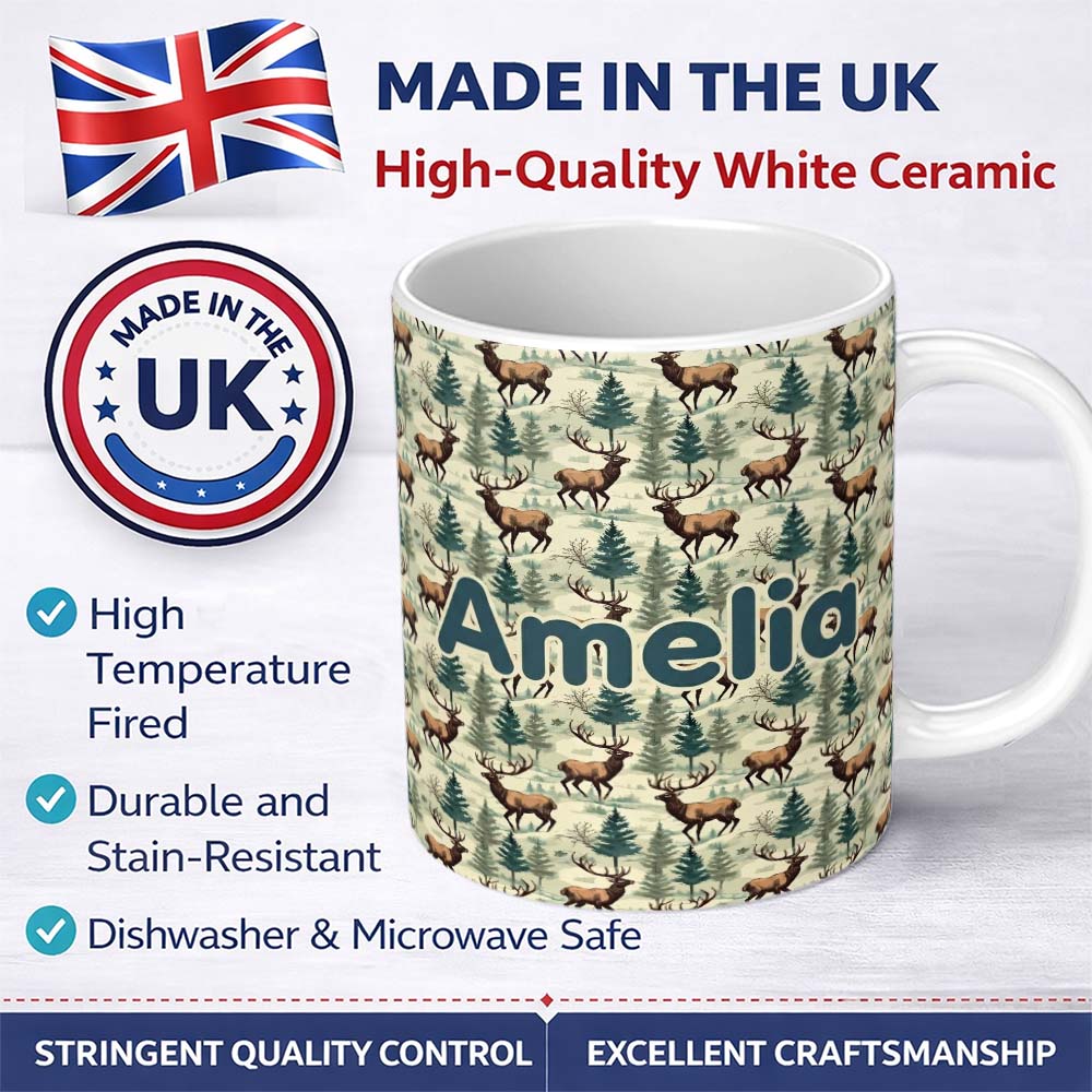 Personalized Custom Name Woodland Deer with Pine Trees Nature Scene Seamless Pattern Name 11oz Ceramic Coffee Tea Mug White Large Handle