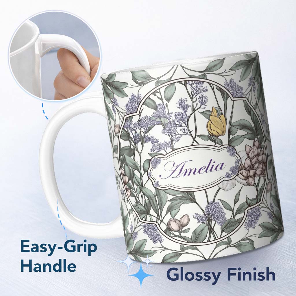 Personalized Custom Name Elegant Vintage Botanical Floral Neutral Background Seamless Pattern 11oz Ceramic Coffee Tea Mug White Large Handle