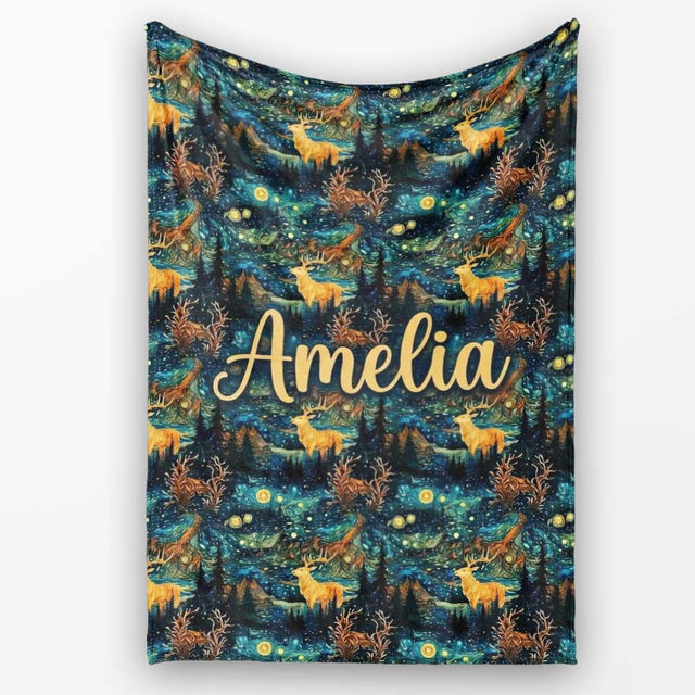 Artistic Deer Night Sky with Stars and Forest Seamless Pattern Name  Personalised Custom Name Super Soft Fleece Blanket Bed Sofa Throw