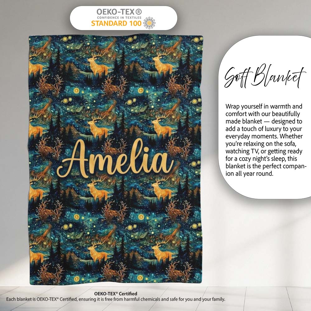 Artistic Deer Night Sky with Stars and Forest Seamless Pattern Name  Personalised Custom Name Super Soft Fleece Blanket Bed Sofa Throw
