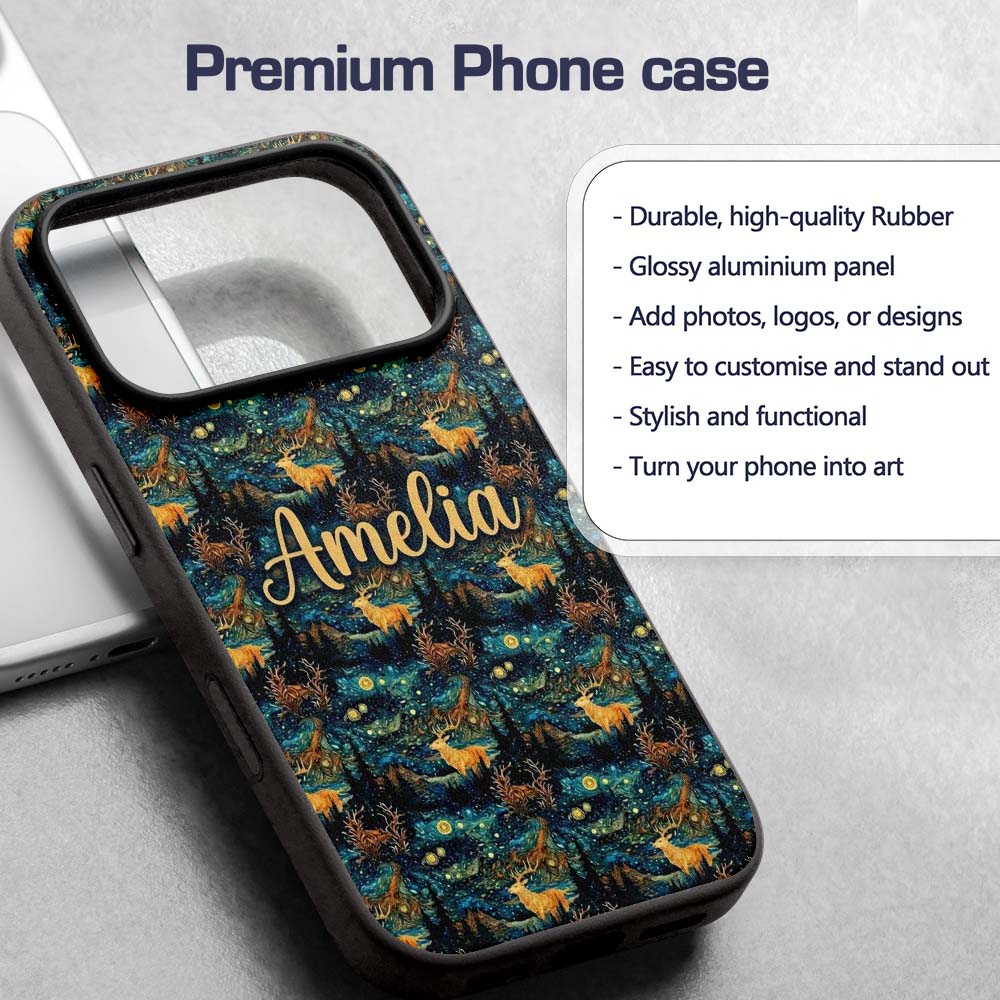 Artistic Deer Night Sky with Stars and Forest Custom Name Protective Phone Case Mobile Cover Durable Everyday Smartphone Shock Resistant