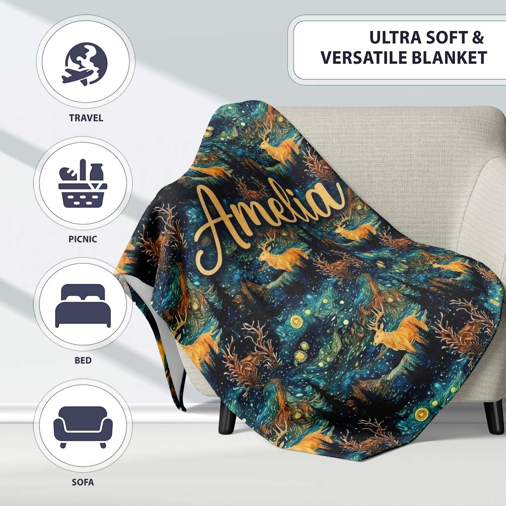 Artistic Deer Night Sky with Stars and Forest Seamless Pattern Name  Personalised Custom Name Super Soft Fleece Blanket Bed Sofa Throw