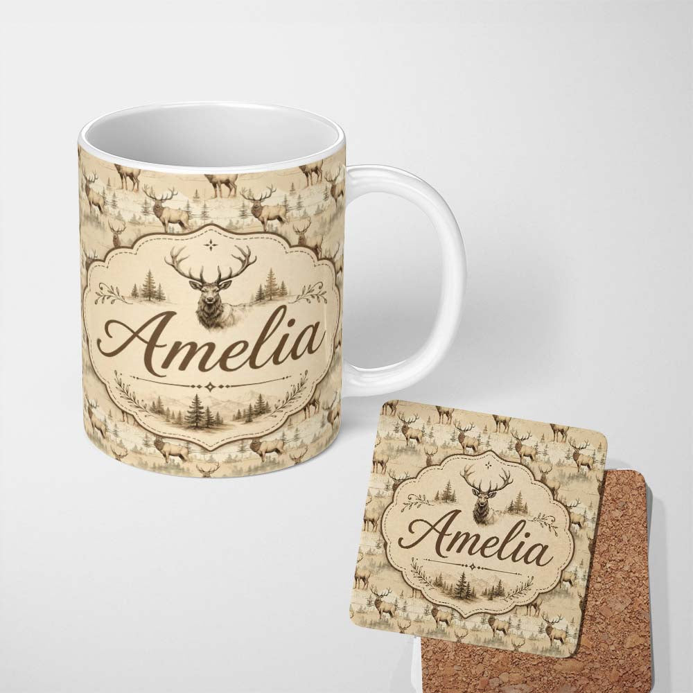Personalized Custom Name Classic Deer in Sepia Forest Landscape Seamless Pattern Name Cute 11oz Ceramic Coffee Tea Mug White Large Handle
