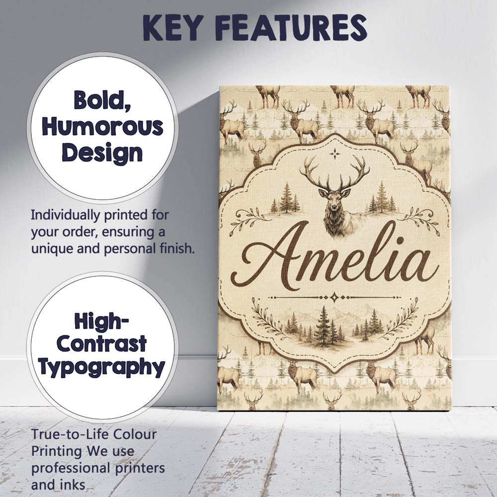 Personalised Name Classic Deer in Sepia Custom  Modern Room Accent Elegant Feature Canvas Wall Art Print Decor Picture Ready to Hang