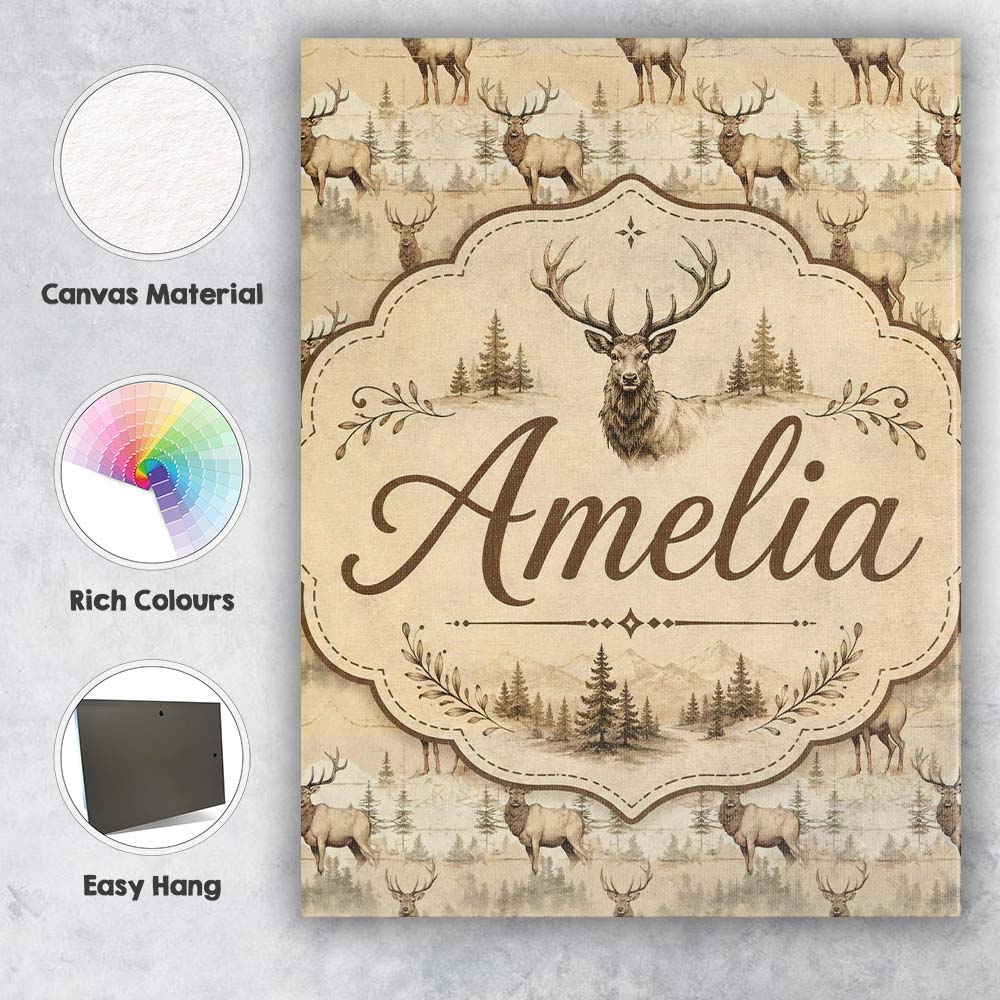 Personalised Name Classic Deer in Sepia Custom  Modern Room Accent Elegant Feature Canvas Wall Art Print Decor Picture Ready to Hang