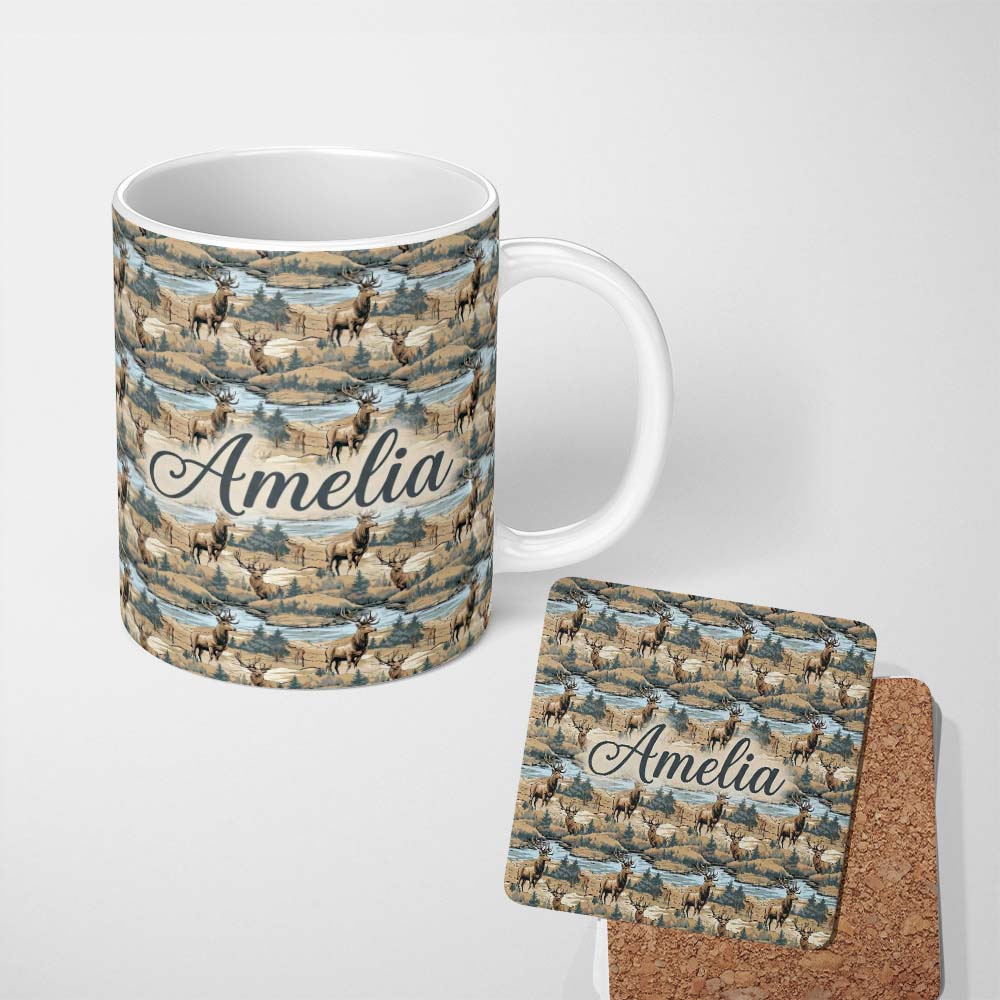Personalized Custom Name Realistic Deer by River Woodland Scene Seamless Pattern Name Cute 11oz Ceramic Coffee Tea Mug White Large Handle