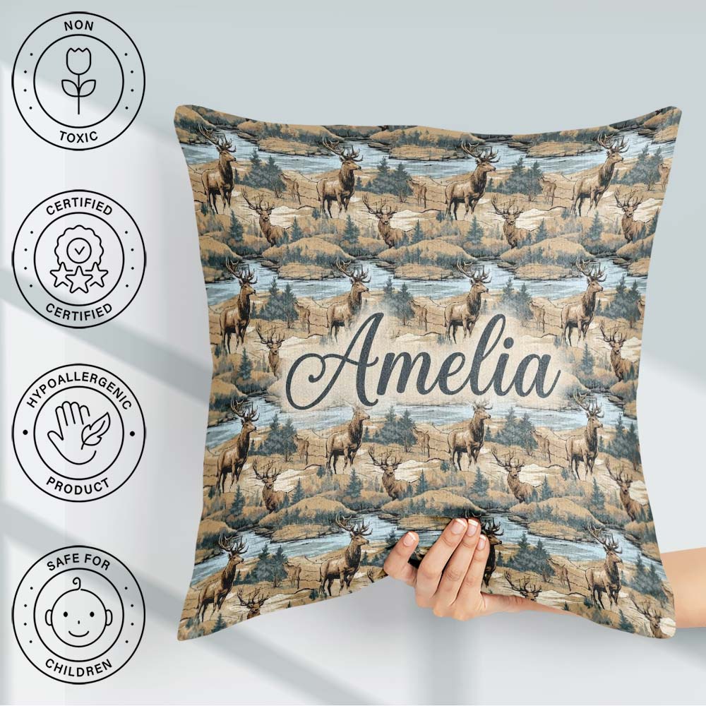 Custom Name Realistic Deer by River Woodland Scene Seamless Name Square Filled Cushion Throw Pillow Sofa Bed Home Decor Zip Washable UK Made