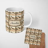 Personalized Custom Name Silhouette Deer with Trees and Sunset Landscape Seamless Pattern 11oz Ceramic Coffee Tea Mug White Large Handle
