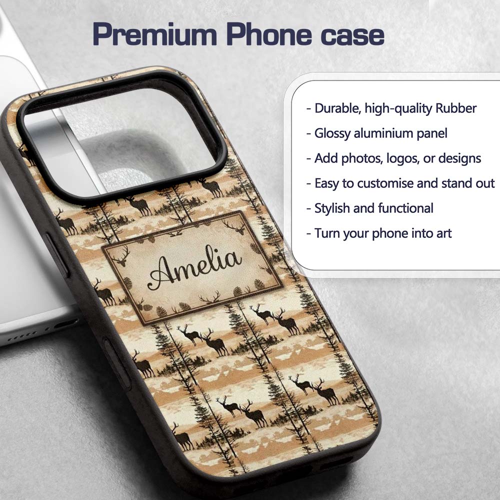 Silhouette Deer with Trees and Sunset Landscape Custom Name Protective Phone Case Mobile Cover Durable Everyday Smartphone Shock Resistant
