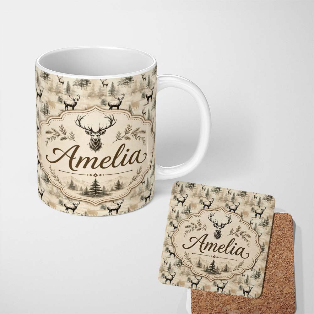 Personalized Custom Name Vintage Deer with Forest Trees Neutral Beige Background Seamless 11oz Ceramic Coffee Tea Mug White Large Handle