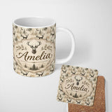 Personalized Custom Name Vintage Deer with Forest Trees Neutral Beige Background Seamless 11oz Ceramic Coffee Tea Mug White Large Handle