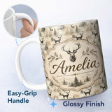Personalized Custom Name Vintage Deer with Forest Trees Neutral Beige Background Seamless 11oz Ceramic Coffee Tea Mug White Large Handle