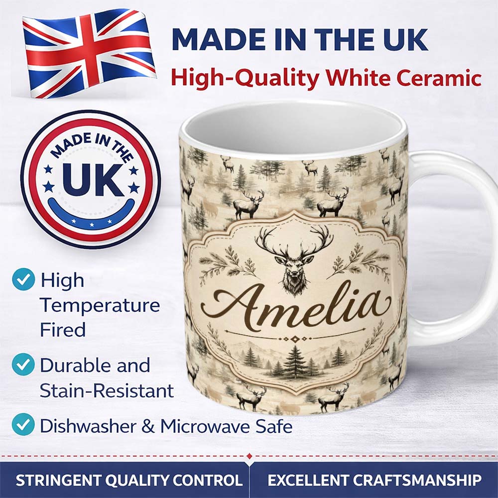 Personalized Custom Name Vintage Deer with Forest Trees Neutral Beige Background Seamless 11oz Ceramic Coffee Tea Mug White Large Handle