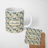 Personalized Custom Name Elegant Deer in Misty Pine Forest Soft Blue Tones Seamless Pattern 11oz Ceramic Coffee Tea Mug White Large Handle