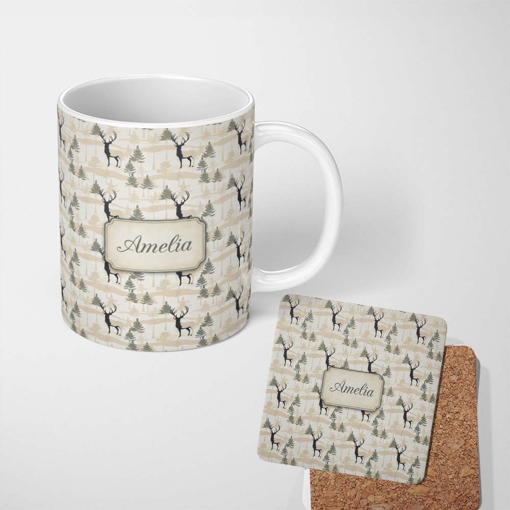 Personalized Custom Name Minimal Deer Silhouette with Abstract Woodland Background Seamless 11oz Ceramic Coffee Tea Mug White Large Handle
