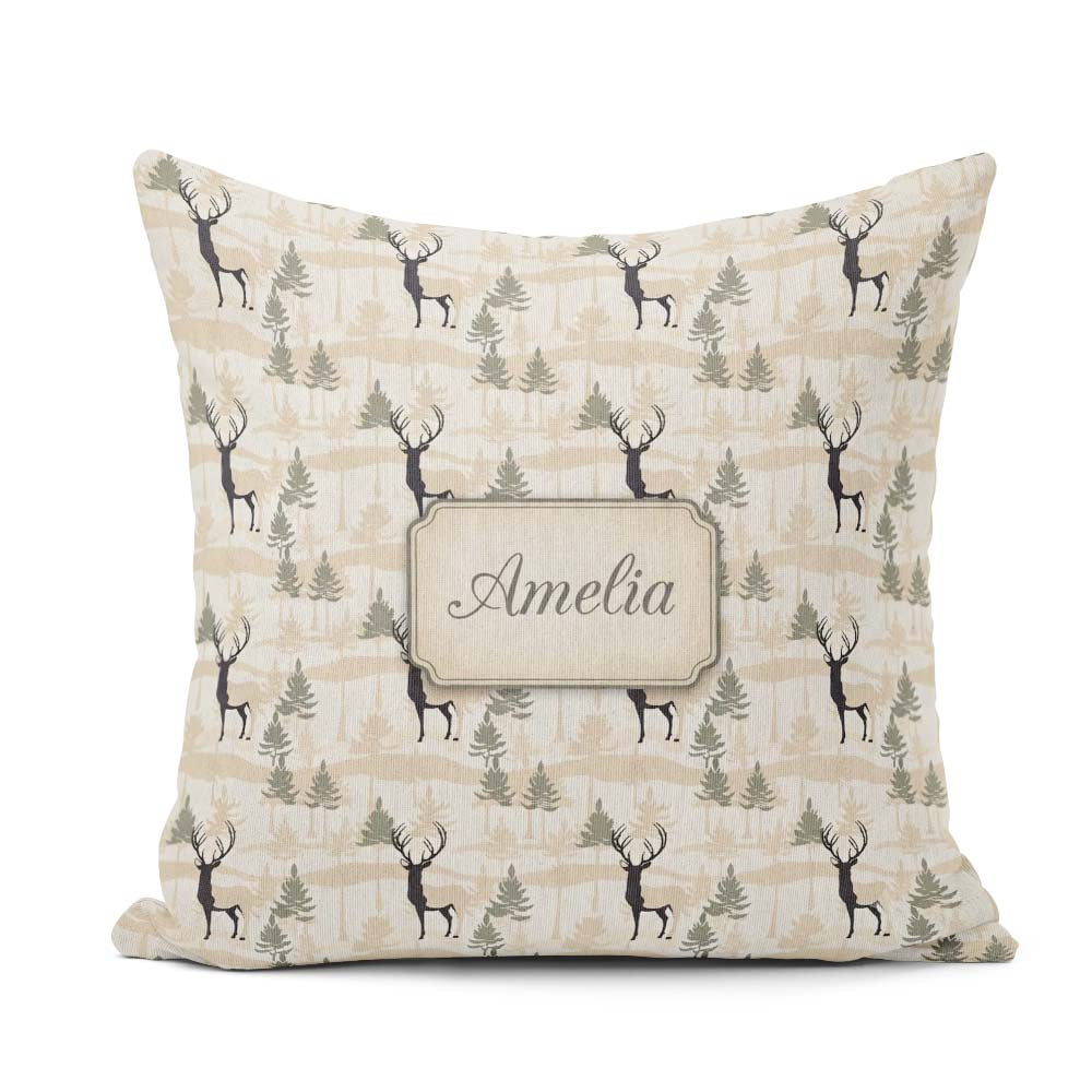 Custom Name Minimal Deer Silhouette Abstract Woodland Background Square Filled Cushion Throw Pillow Sofa Bed Home Decor Zip Washable UK Made