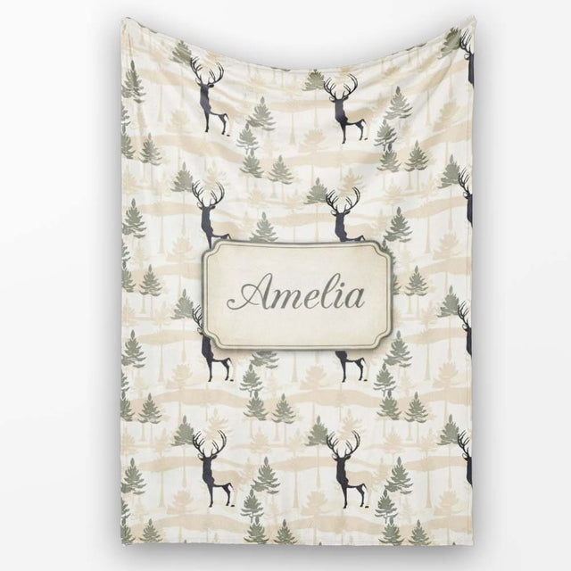 Minimal Deer Silhouette with Abstract Woodland Background Seamless  Personalised Custom Name Super Soft Fleece Blanket Bed Sofa Throw