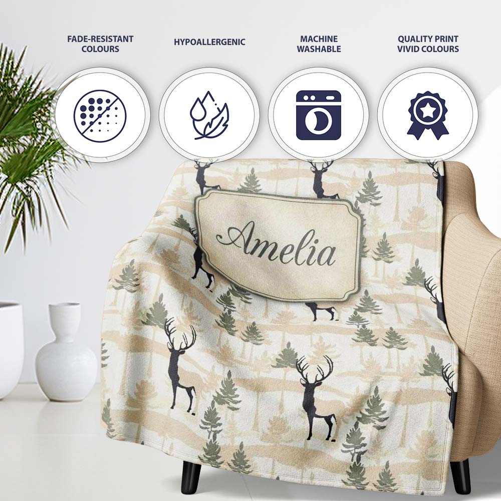Minimal Deer Silhouette with Abstract Woodland Background Seamless  Personalised Custom Name Super Soft Fleece Blanket Bed Sofa Throw