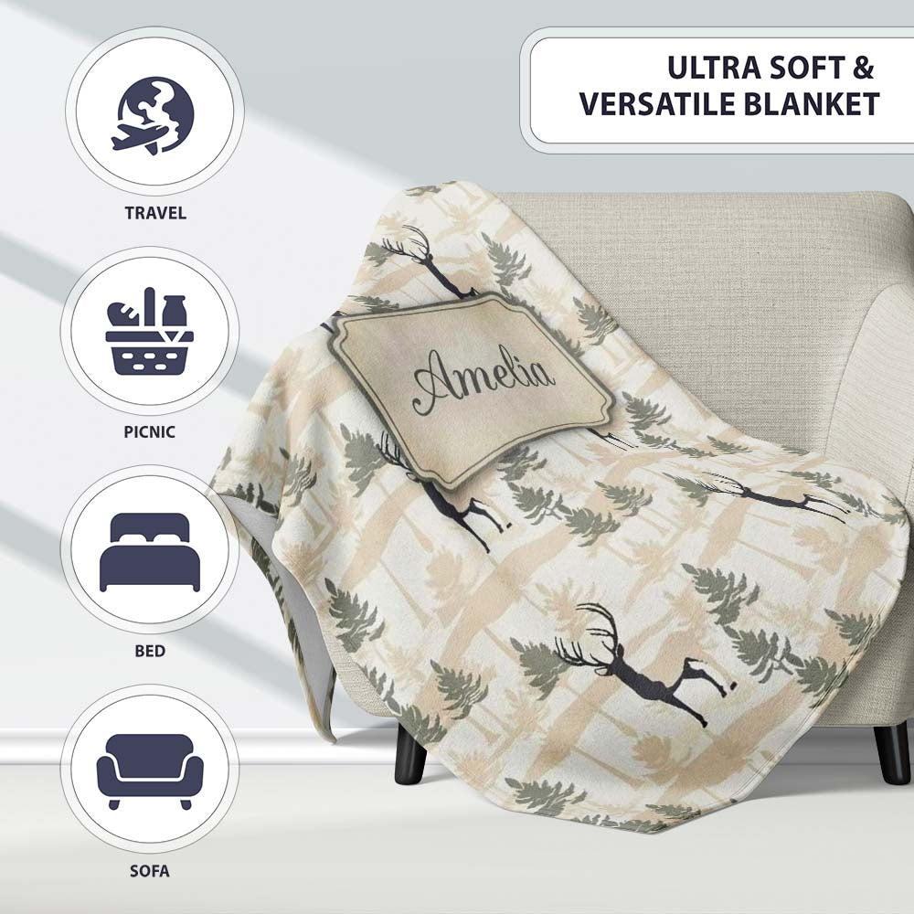 Minimal Deer Silhouette with Abstract Woodland Background Seamless  Personalised Custom Name Super Soft Fleece Blanket Bed Sofa Throw