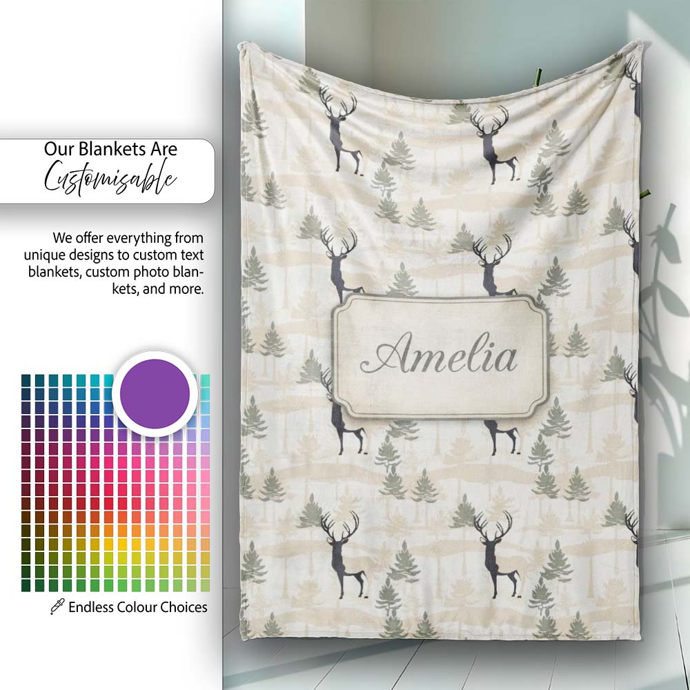 Minimal Deer Silhouette with Abstract Woodland Background Seamless  Personalised Custom Name Super Soft Fleece Blanket Bed Sofa Throw