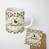 Personalized Custom Name Stylish Deer Silhouettes with Autumn Tones Forest Seamless Pattern 11oz Ceramic Coffee Tea Mug White Large Handle