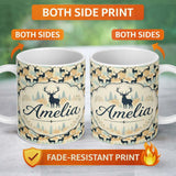 Personalized Custom Name Stylish Deer Silhouettes with Autumn Tones Forest Seamless Pattern 11oz Ceramic Coffee Tea Mug White Large Handle