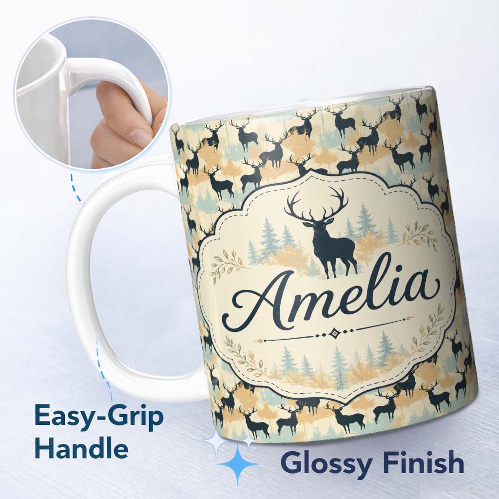 Personalized Custom Name Stylish Deer Silhouettes with Autumn Tones Forest Seamless Pattern 11oz Ceramic Coffee Tea Mug White Large Handle