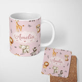 Personalized Custom Name Safari Animals with Elephant Lion and Leopard Cub on Dusty Rose 11oz Ceramic Coffee Tea Mug White Large Handle