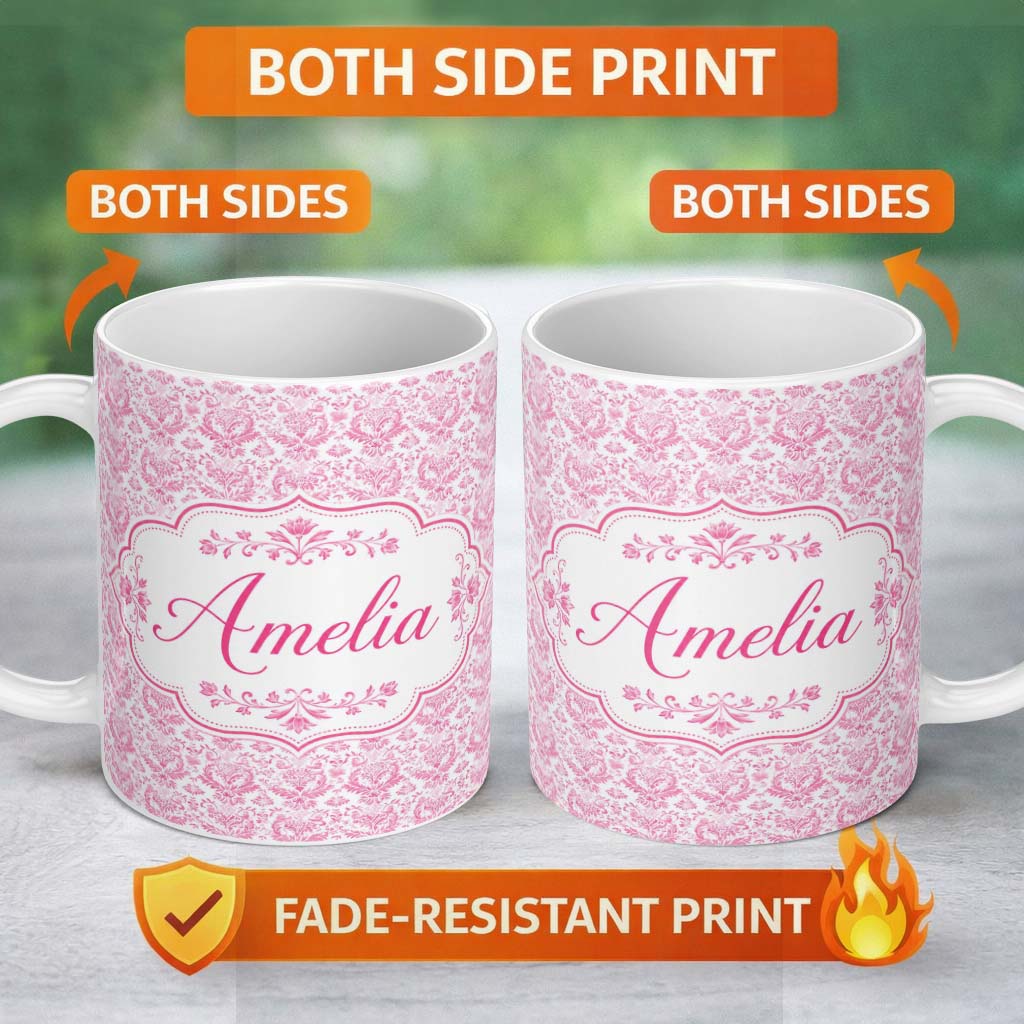 Personalized Custom Name Elegant Pink Damask Floral Pattern with Ornate Vintage Motifs Lovely 11oz Ceramic Coffee Tea Mug White Large Handle