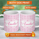 Personalized Custom Name Elegant Pink Damask Floral Pattern with Ornate Vintage Motifs Lovely 11oz Ceramic Coffee Tea Mug White Large Handle