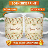 Personalized Custom Name Vintage Carrot Farm Botanical Cream Background Seamless Pattern 11oz Ceramic Coffee Tea Mug White Large Handle