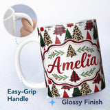Personalized Custom Name Trendy Christmas Trees in Plaid and Leopard Print Seamless Pattern 11oz Ceramic Coffee Tea Mug White Large Handle