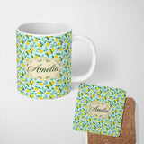 Personalized Custom Name Fresh Lemon and Leaf Toss Pattern on Mint Green Background Lovely 11oz Ceramic Coffee Tea Mug White Large Handle