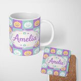 Personalized Custom Name Pastel Pumpkin Checkerboard Soft Halloween Seamless Pattern UK Name 11oz Ceramic Coffee Tea Mug White Large Handle