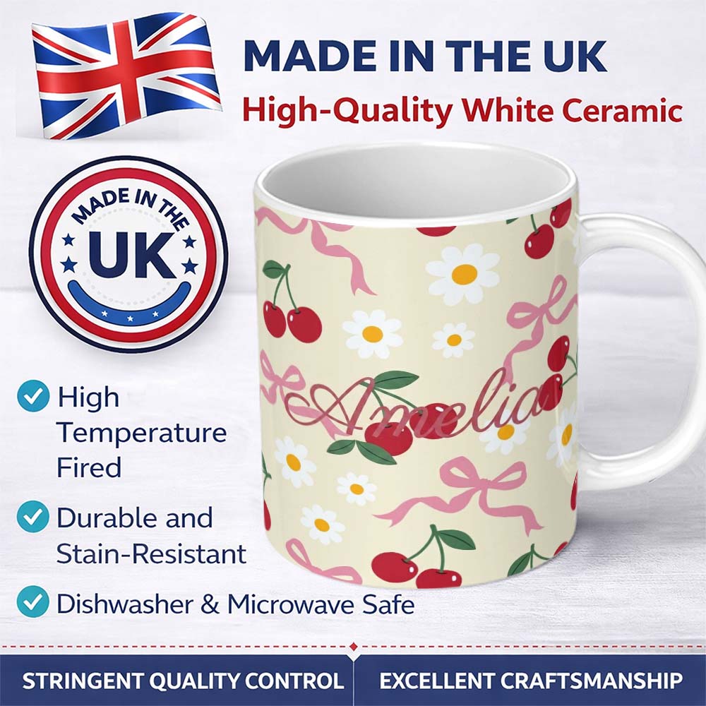 Personalized Custom Name Cute Cherry Bow and Daisy Seamless Pattern on Cream Cute Unique Gift 11oz Ceramic Coffee Tea Mug White Large Handle