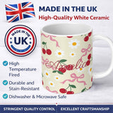 Personalized Custom Name Cute Cherry Bow and Daisy Seamless Pattern on Cream Cute Unique Gift 11oz Ceramic Coffee Tea Mug White Large Handle