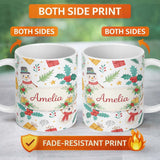 Personalized Custom Name Cute Christmas Snowman Holly Reindeer Seamless Pattern Lovely 11oz Ceramic Coffee Tea Mug White Large Handle