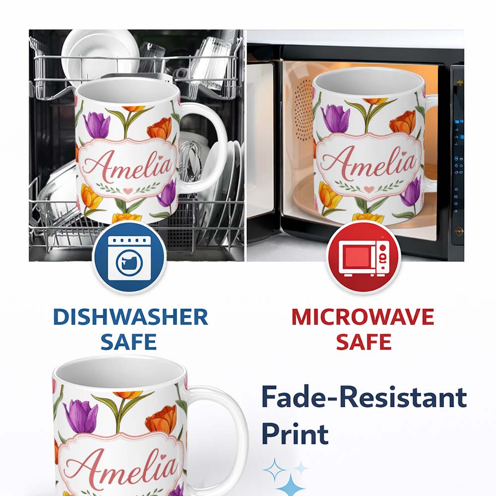 Personalized Custom Name Colorful Tulip Flowers White Background Spring Floral Seamless 11oz Ceramic Coffee Tea Mug White Large Handle
