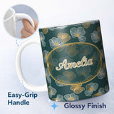 Personalized Custom Name Modern Teal Floral Pattern with White and Mustard Blossoms Minimal 11oz Ceramic Coffee Tea Mug White Large Handle