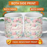 Personalized Custom Name Delicate Pastel Pink and Blue Hydrangea Floral Seamless Pattern 11oz Ceramic Coffee Tea Mug White Large Handle