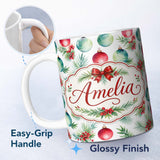 Personalized Custom Name Watercolor Christmas Baubles Pine Berry Greenery Seamless Pattern 11oz Ceramic Coffee Tea Mug White Large Handle