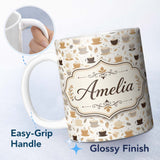 Personalized Custom Name Minimal Coffee Cups and Leaves Neutral Tone Seamless Pattern Lovely 11oz Ceramic Coffee Tea Mug White Large Handle