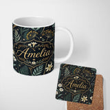 Personalized Custom Name Wildflower Meadow Night Sky Botanical Seamless Pattern Lovely 11oz Ceramic Coffee Tea Mug White Large Handle