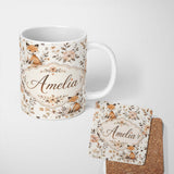 Personalized Custom Name Cute Watercolor Fox with Floral Leaves Seamless Pattern Lovely 11oz Ceramic Coffee Tea Mug White Large Handle