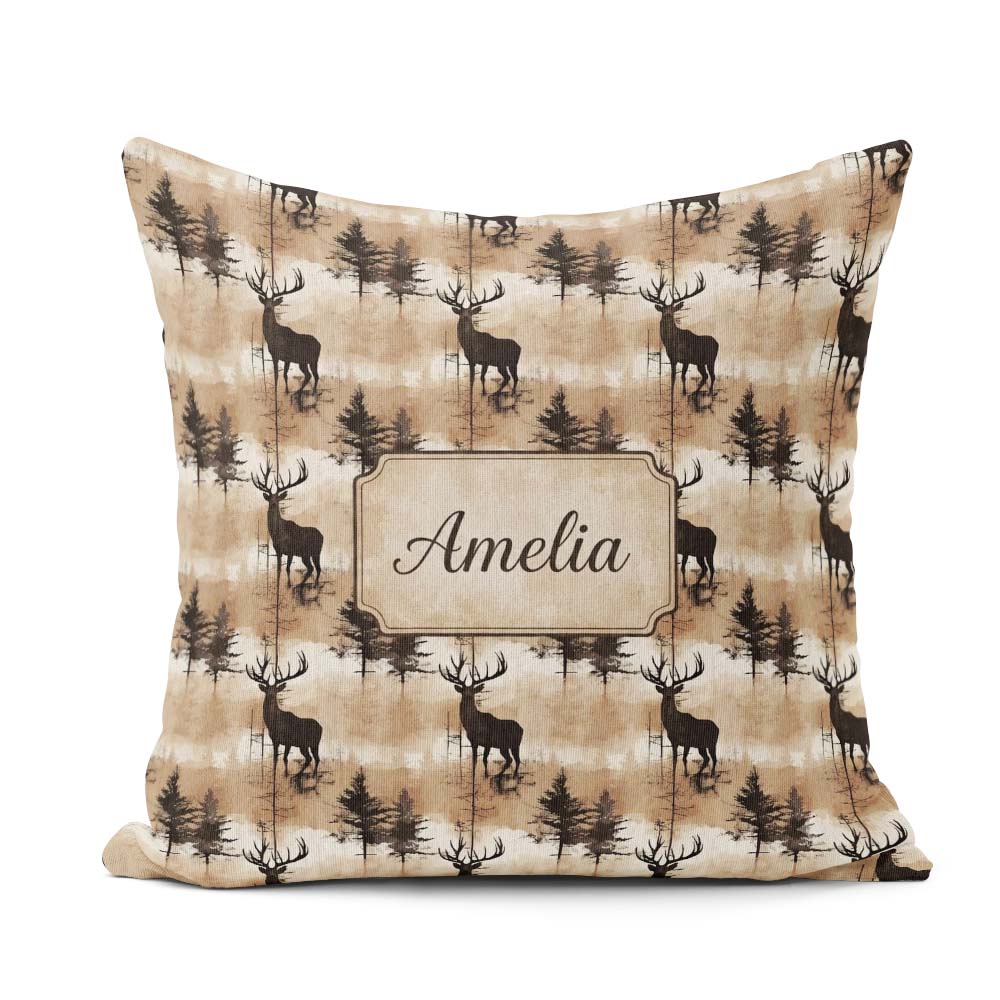 Custom Name Rustic Deer in Woodland Scene Earthy Tones Seamless Square Filled Cushion Throw Pillow Sofa Bed Home Decor Zip Washable UK Made