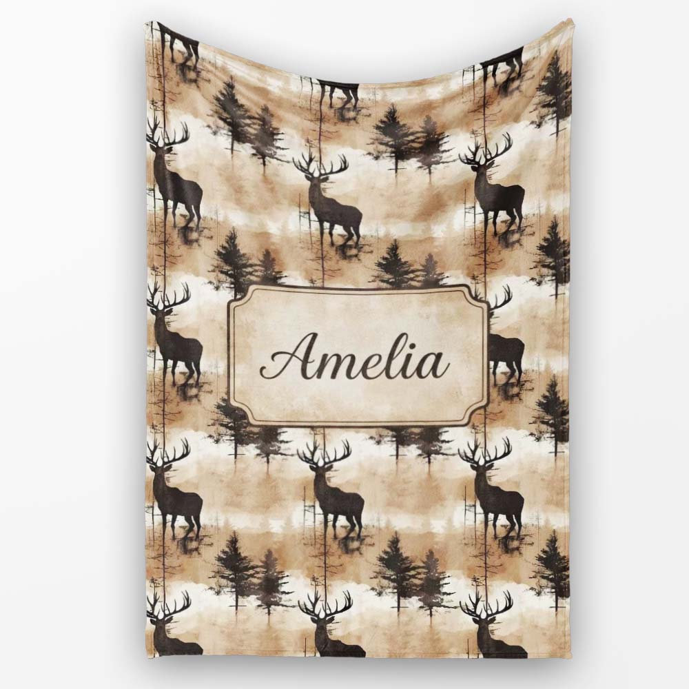 Rustic Deer in Woodland Watercolor Scene Earthy Tones Seamless  Personalised Custom Name Super Soft Fleece Blanket Bed Sofa Throw