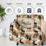 Rustic Deer in Woodland Watercolor Scene Earthy Tones Seamless  Personalised Custom Name Super Soft Fleece Blanket Bed Sofa Throw