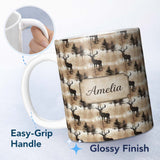 Personalized Custom Name Rustic Deer in Woodland Watercolor Scene Earthy Tones Seamless 11oz Ceramic Coffee Tea Mug White Large Handle